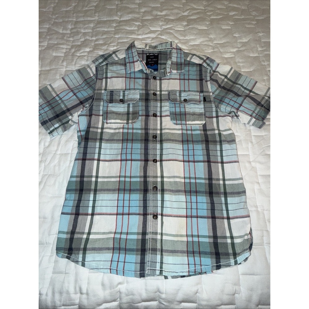 KAVU Shirt Mens Large Blue Plaid Button Up Short Sleeve Pocket Outdoor Hiking
